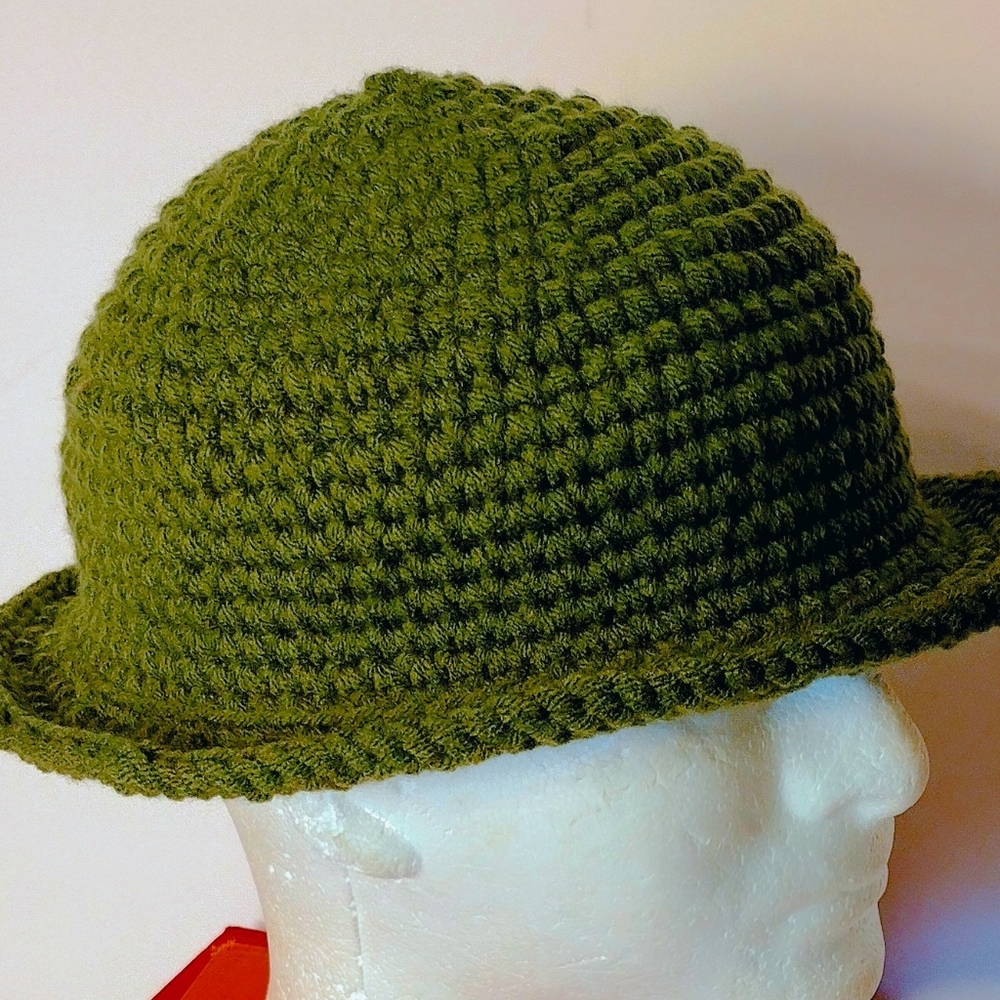 New Handmade Crocheted Non-wool Olive Green Derby Hat XL - Picture 3 of 9
